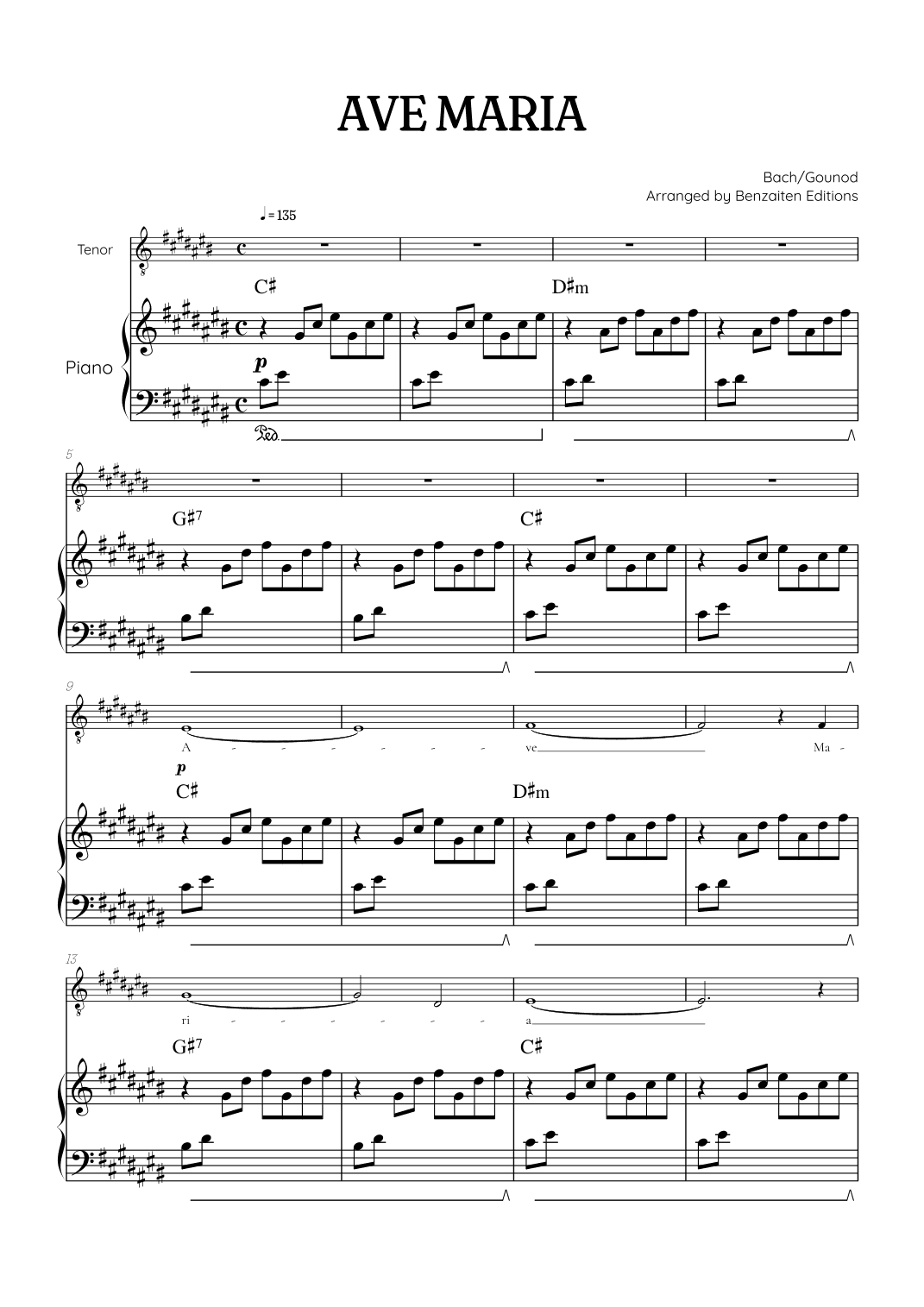 Bach / Gounod Ave Maria in C sharp [C#] • tenor sheet music with piano accompaniment and chords (arr. Benzaiten Editions)