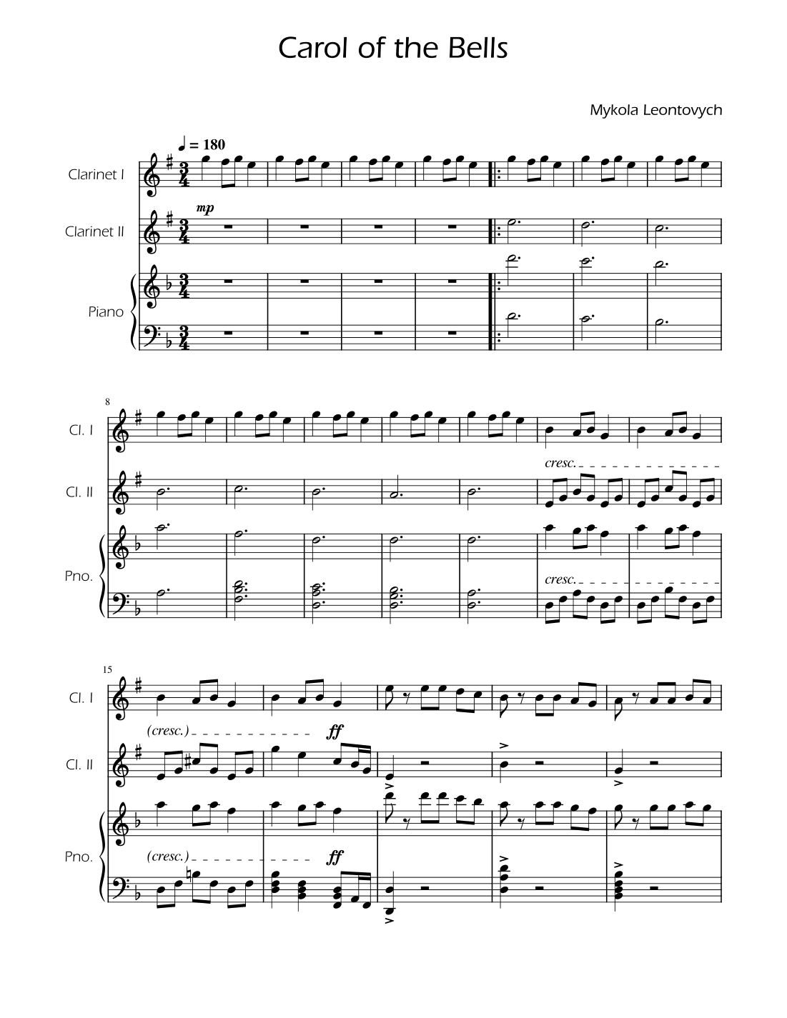 Carol of the Bells - Clarinet Duet w/ Piano (arr. Ygor Nunes)