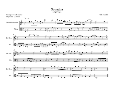 Sonatina HWV 582 for Alto Recorder & Viola Duet (arr. J.W. Carter)