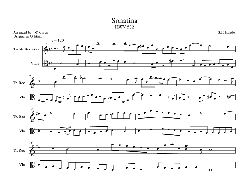Sonatina HWV 582 for Alto Recorder & Viola Duet (arr. J.W. Carter)