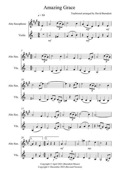 Amazing Grace for Alto Saxophone and Violin Duet (arr. David Burndrett)