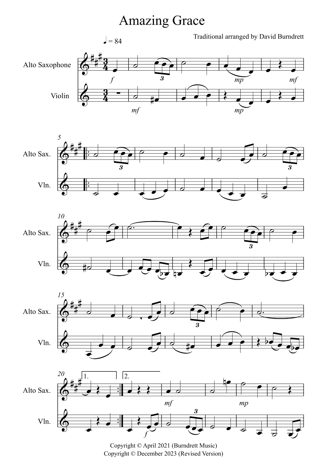 Amazing Grace for Alto Saxophone and Violin Duet (arr. David Burndrett)