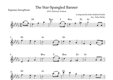 The Star Spangled Banner (USA National Anthem) for Soprano Saxophone Solo with Chords (B Major) (arr. Fabio Britto)