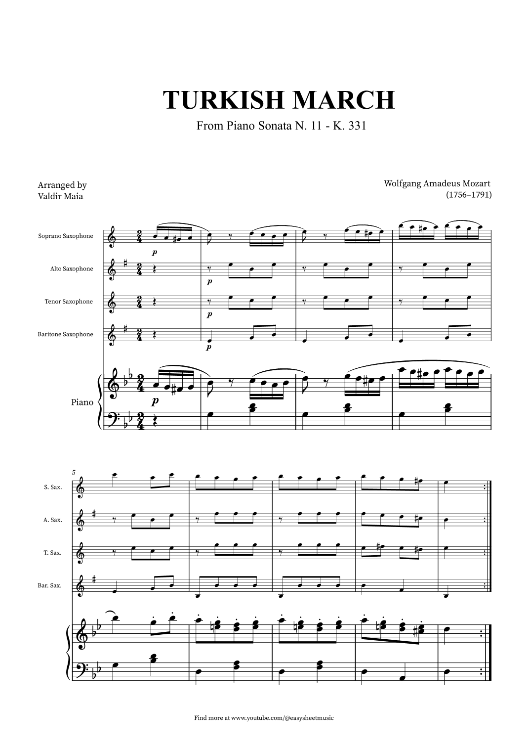 Turkish March - Saxophone Quartet and Piano (arr. Valdir Maia)