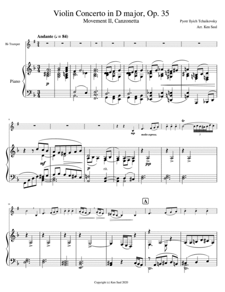 Tchaikovsky Violin Concerto Mvt 2 "Canzonetta" for Trumpet and Piano (arr. Ken Saul)