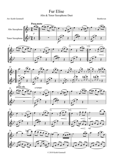 Fur Elise - Saxophone Duet (2 Altos or 2 Tenors) (arr. Keith Gemmell)
