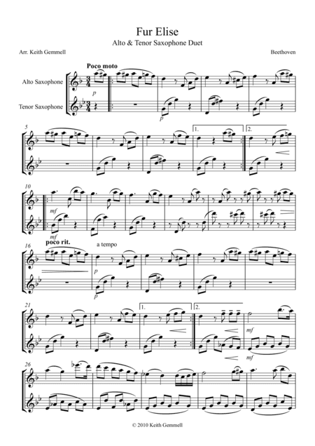 Fur Elise - Saxophone Duet (2 Altos or 2 Tenors) (arr. Keith Gemmell)