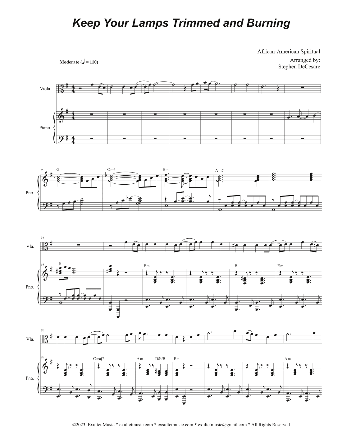 Keep Your Lamps Trimmed And Burning (Viola solo and Piano) (arr. Stephen DeCesare)