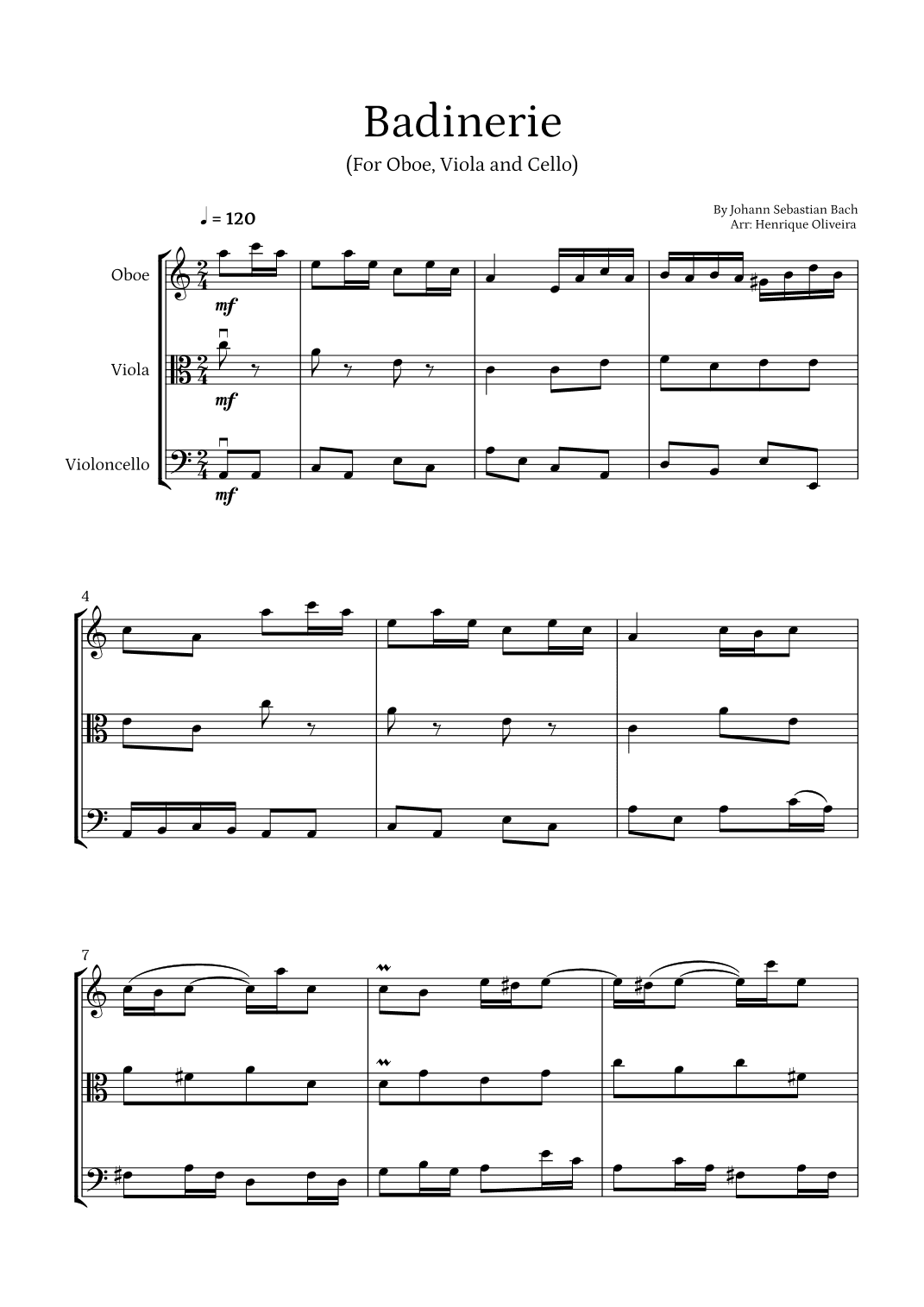 Badinerie by J. S. Bach (For Oboe, Viola and Cello) (arr. Henrique Oliveira)