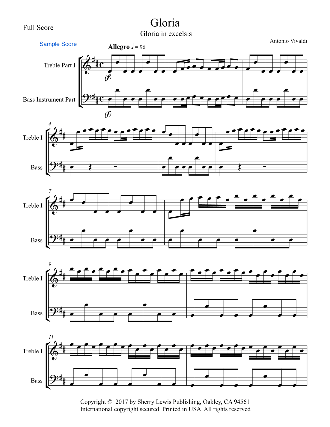 GLORIA IN EXCELSIS for Duo  for String Duo, Woodwind Duo, any combination of a treble clef instrumen (arr. Sherry Lewis)