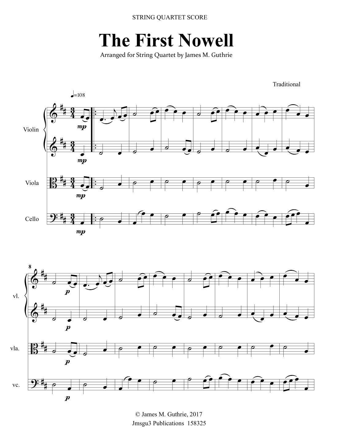 The First Nowell for String Quartet (arr. James M. Guthrie)