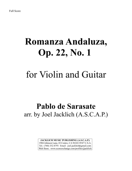 Romanza Andaluza, Op. 22, No. 1 for Solo Violin and Guitar (arr. Joel Jacklich (ASCAP))
