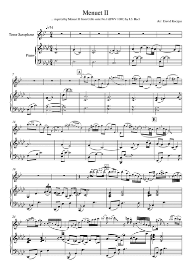 Menuet II from Cello suite No.1 (tenor sax & piano) (arr. David Kocijan)