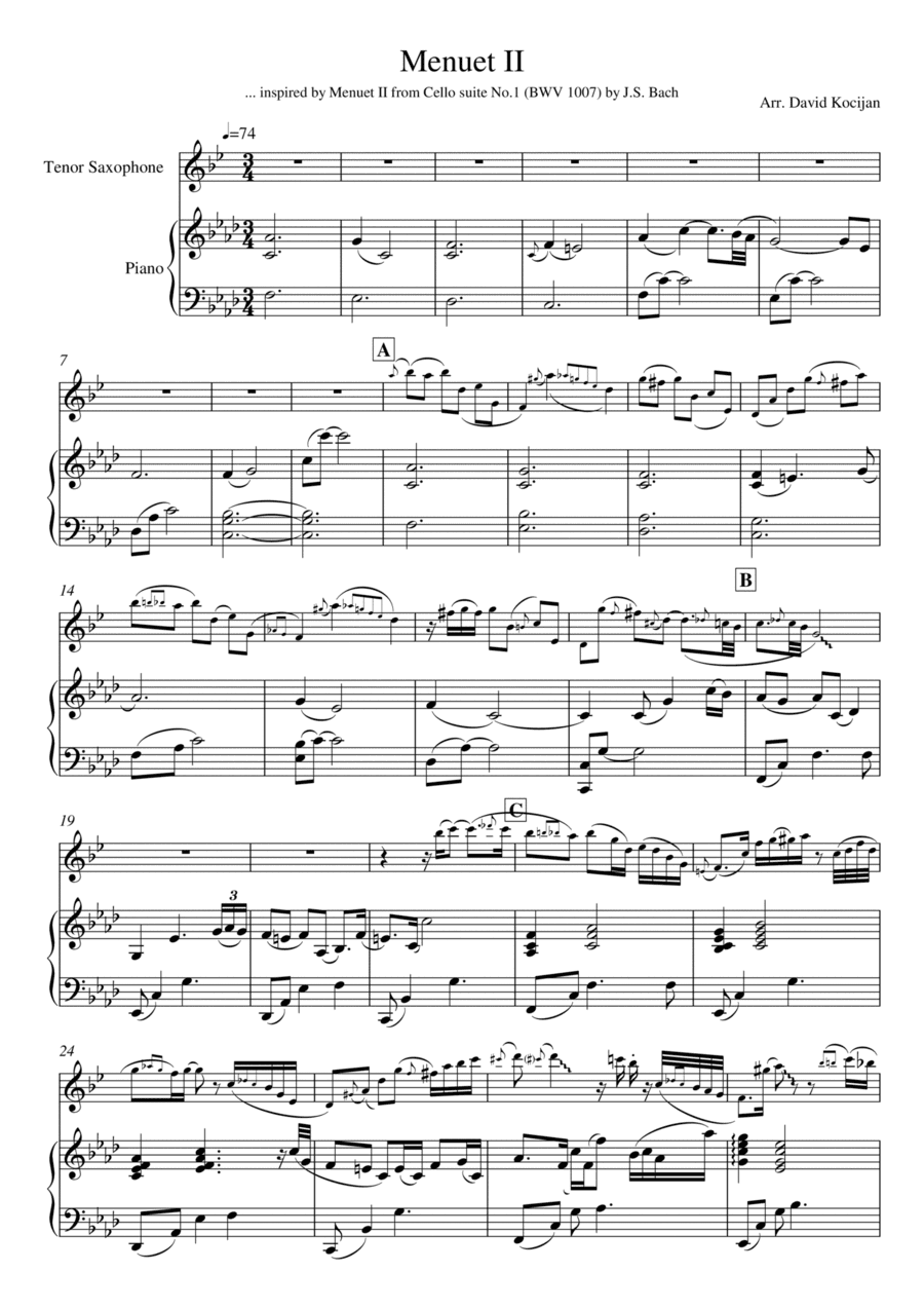 Menuet II from Cello suite No.1 (tenor sax & piano) (arr. David Kocijan)