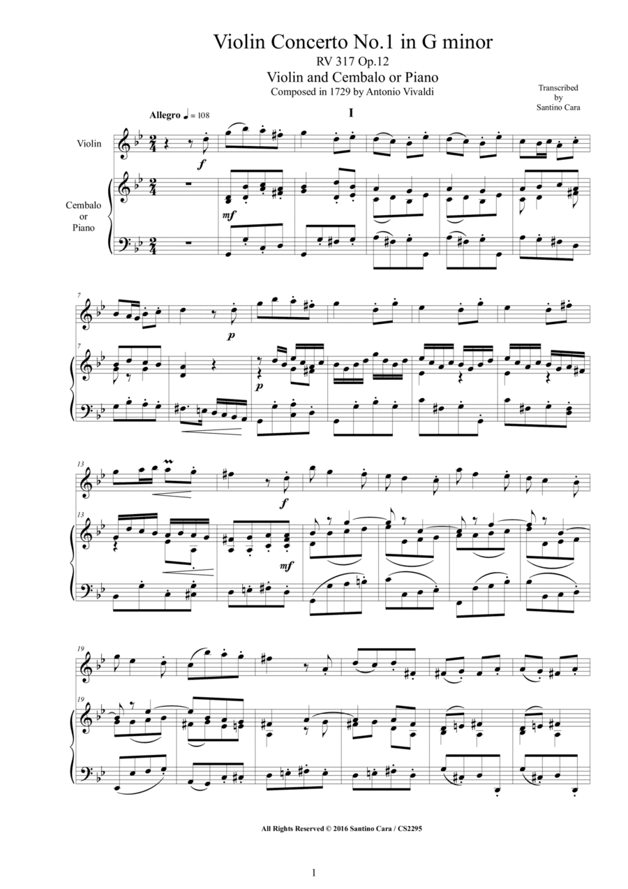 Vivaldi - Violin Concerto No.1 in G minor RV 317 Op.12 for Violin and Cembalo or Piano (arr. Santino Cara)