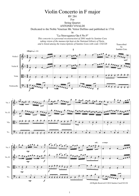 Vivaldi - Violin Concerto in F major RV 284 Op.4 No.9 for String Quartet (arr. Santino Cara)