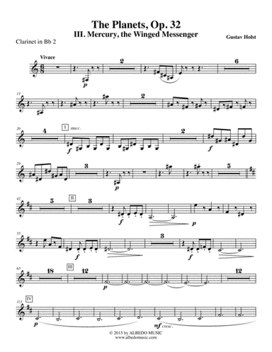 Holst The Planets, III. Mercury, the Winged Messenger - Clarinet in Bb 2 (Transposed Part), Op. 32 (arr. Doug Clyde)