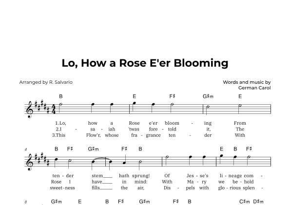 Lo, How a Rose E'er Blooming (Key of B Major) (arr. R. Salvario)