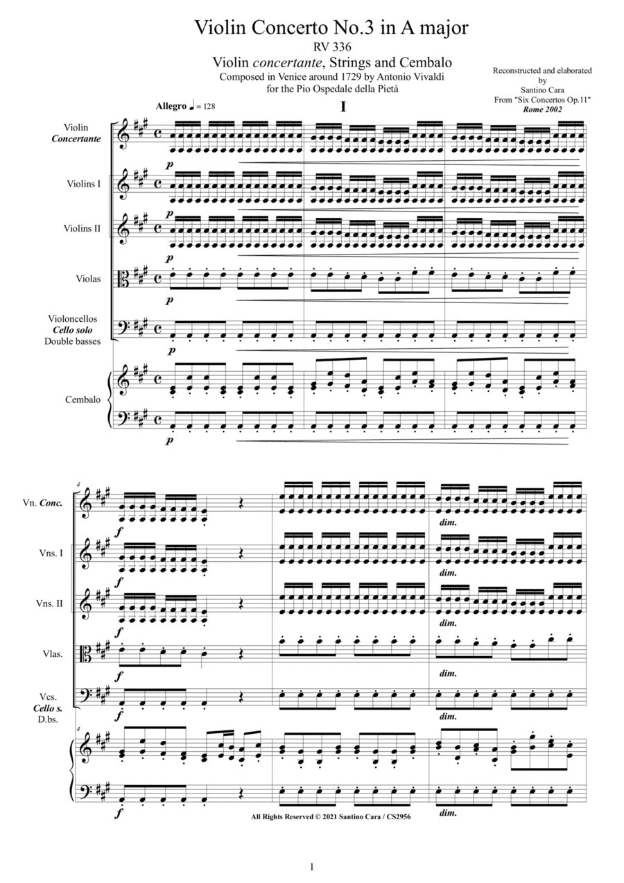 Vivaldi - Violin Concerto No.3 in A major RV 336 Op.11 for Violin, Strings and Cembalo (arr. Santino Cara)