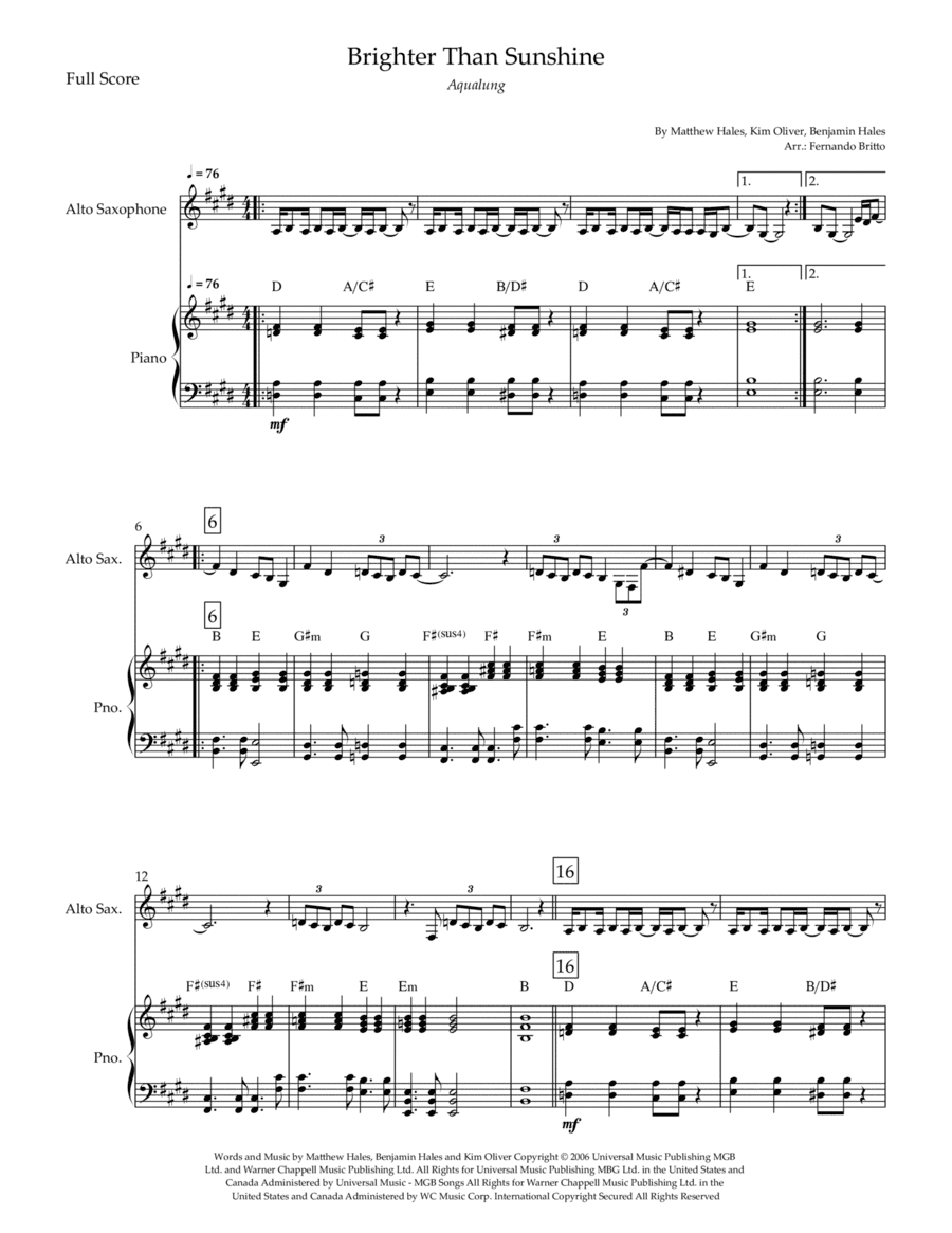 Brighter Than Sunshine (arr. Fernando Britto)