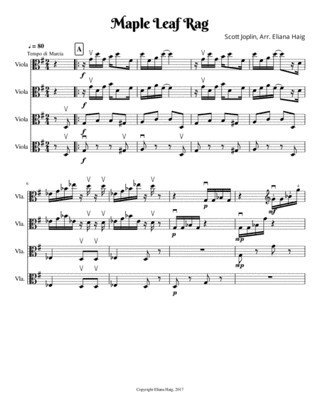 Maple Leaf Rag for Viola Ensemble or Viola Quartet (arr. Viola Spot Music)