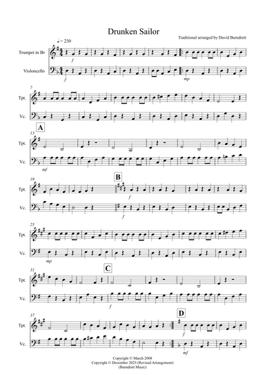Drunken Sailor for Trumpet and Cello Duet (arr. David Burndrett)