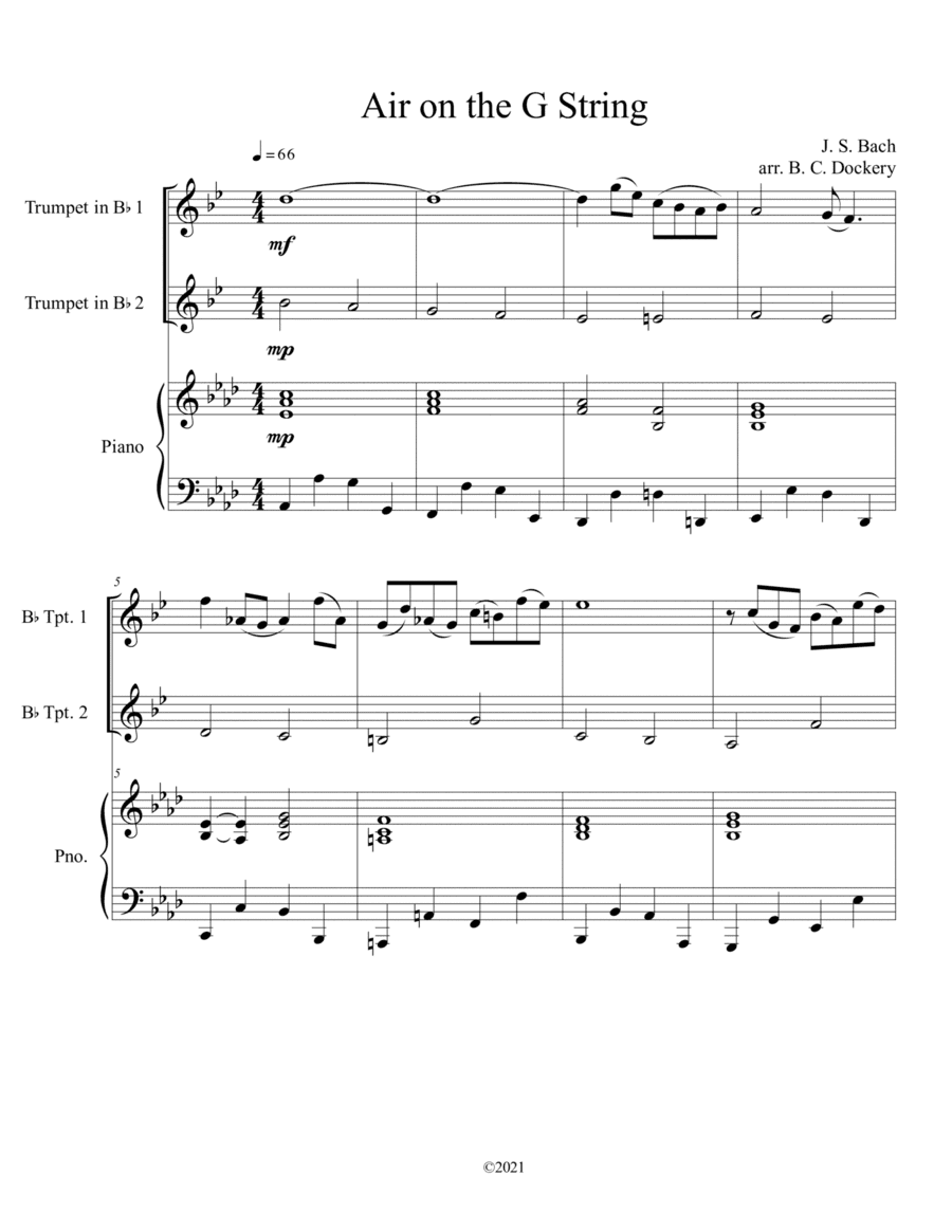 Air on the G String for Trumpet Duet with optional piano accompaniment (arr. B. C. Dockery)