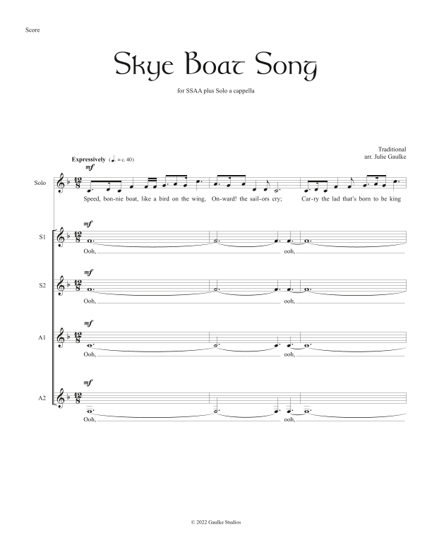 Skye Boat Song (in F) for SSAA plus Solo a cappella (arr. Julie Gaulke)