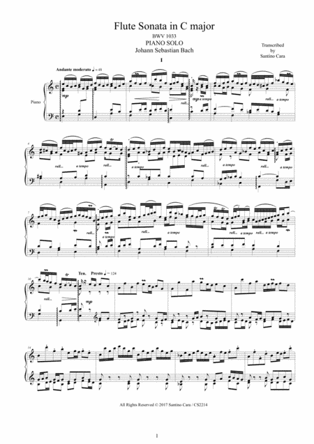 Bach - Flute Sonata in C major BWV 1033 for Piano solo (arr. Santino Cara)