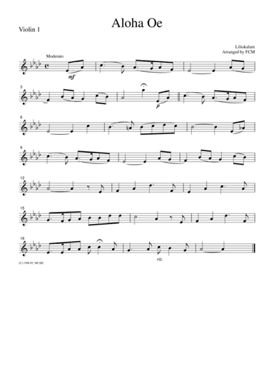 Hawaiian Folk Song  Aloha Oe, for string quartet, JM002 (arr. FCMUSIC)
