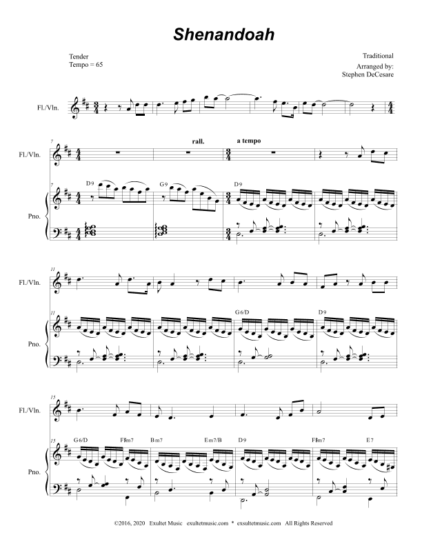 Shenandoah (for Flute and Violin solo and Piano) (arr. Stephen DeCesare)