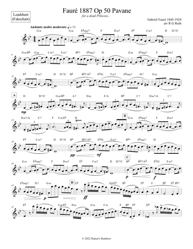 Fauré 1887 Op 50 Pavane Leadsheets C Bb or Eb Instruments (arr. R G Roth)