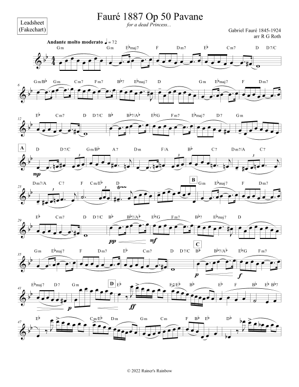Fauré 1887 Op 50 Pavane Leadsheets C Bb or Eb Instruments (arr. R G Roth)