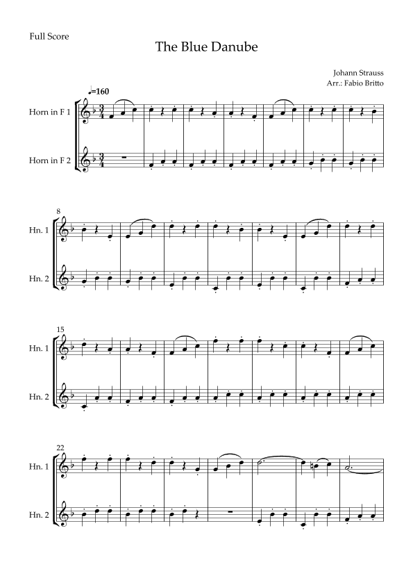 The Blue Danube (Waltz by Johann Strauss) for Horn in F Duo (arr. Fabio Britto)