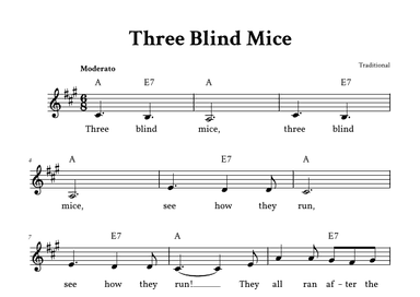 Three Blind Mice - Lead Sheet (A Major - Traditional) (arr. Yuri Noronha)