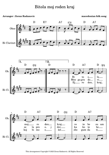 Bitola moj roden kraj - for oboe, Bb clarinet duet (arr. Zoran Radanovic)