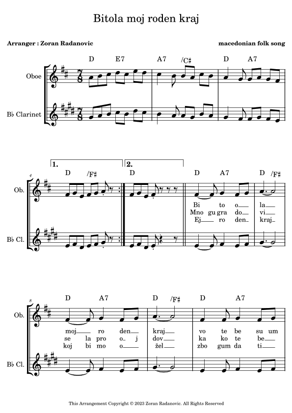Bitola moj roden kraj - for oboe, Bb clarinet duet (arr. Zoran Radanovic)
