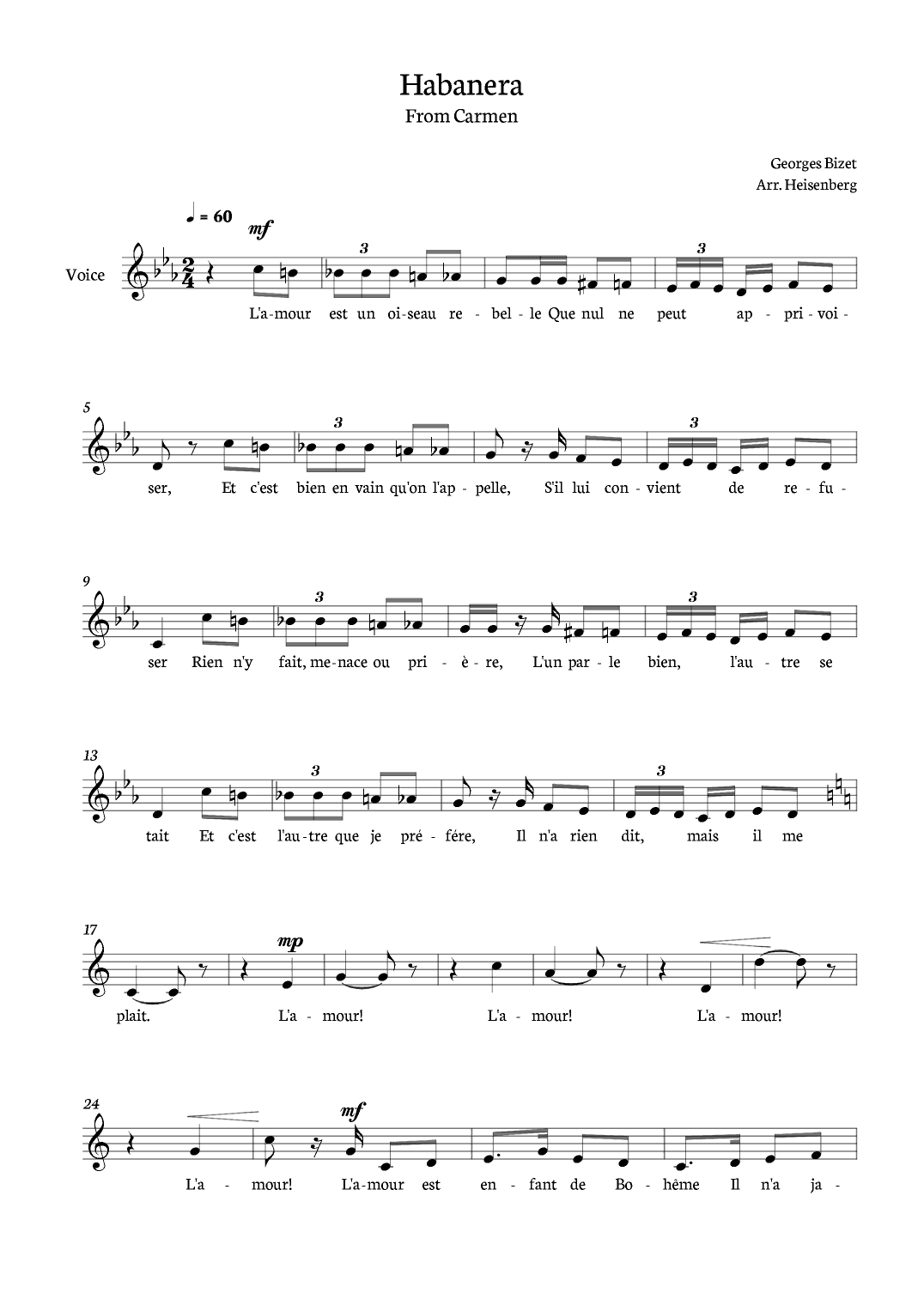 Habanera Carmen for voice in C minor (arr. Heisenberg)