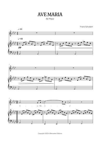 Schubert Ave Maria in A flat major [Ab] • tenor sheet music with easy piano accompaniment (arr. Benzaiten Editions)