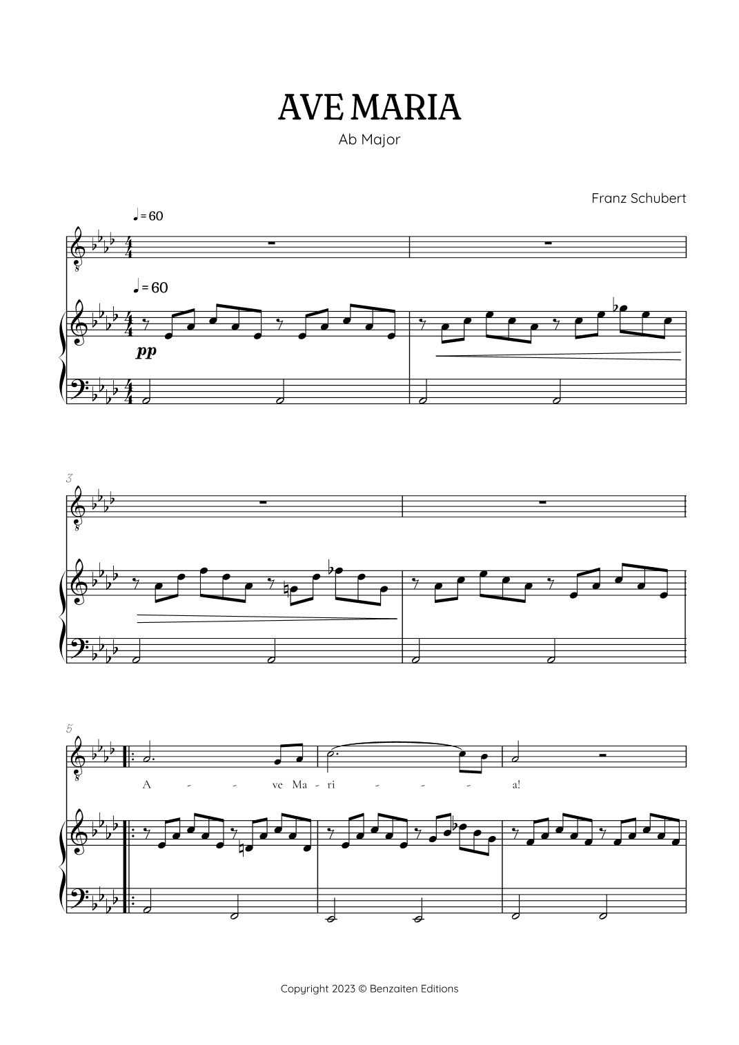 Schubert Ave Maria in A flat major [Ab] • tenor sheet music with easy piano accompaniment (arr. Benzaiten Editions)