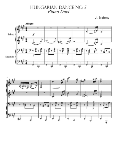 Hungarian Dance no. 5 by Brahms for Piano Duet 4-hands (arr. Published Harmony)