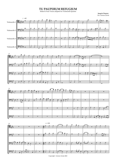 TU PAUPERUM REFUGIUM - Josquin Desprez - Violoncello  Quartet - Score and Parts (arr. Gerson Arrais)