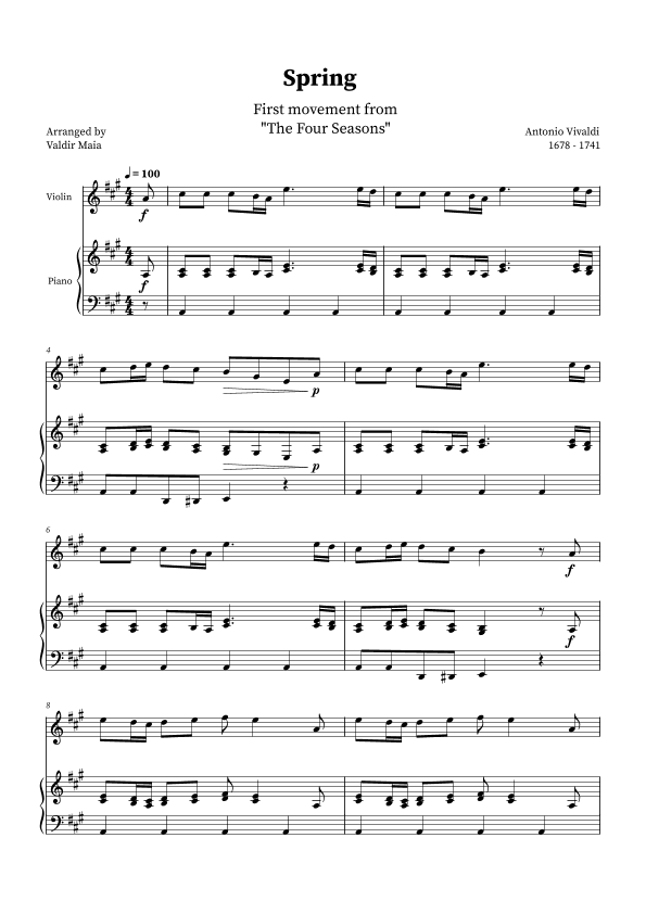Spring - The Four Seasons for Violin and Piano (A Major) (arr. Valdir Maia)