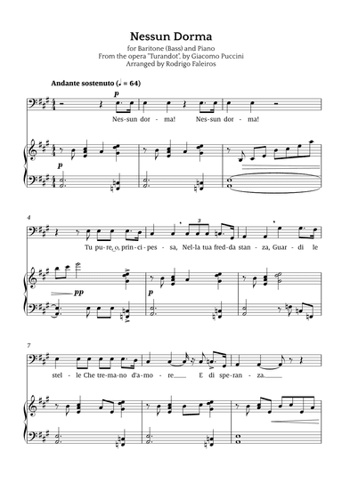 Nessun Dorma (for baritone or bass and piano) (arr. Rodrigo Faleiros)