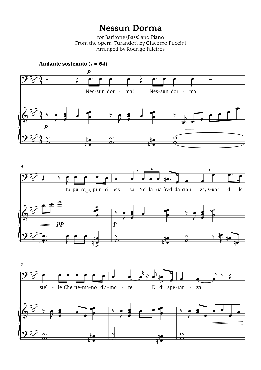 Nessun Dorma (for baritone or bass and piano) (arr. Rodrigo Faleiros)