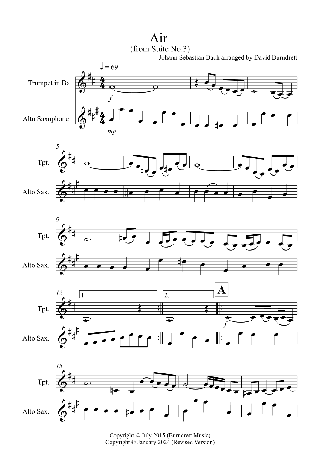 Air on a G String for Trumpet and Alto Saxophone Duet (arr. David Burndrett)