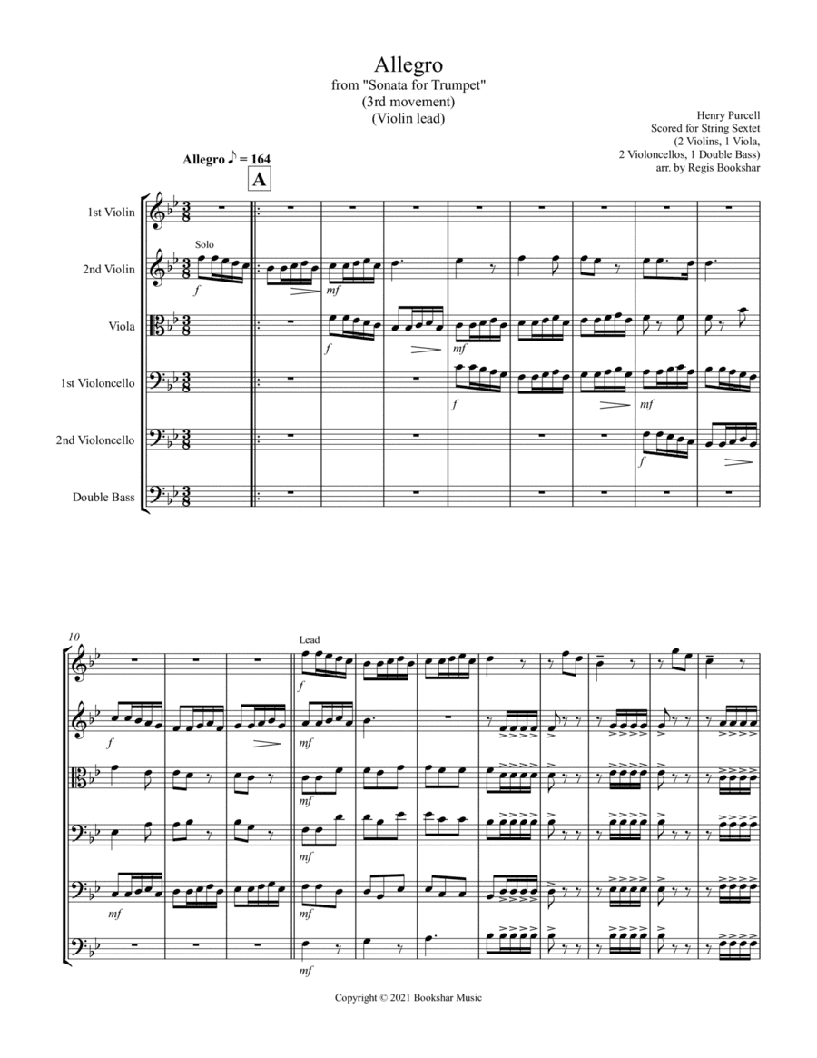 Allegro (from "Sonata for Trumpet") (Bb) (String Sextet - 2 Violins, 1 Viola, 2 Cellos, 1 Bass) (Vio (arr. Regis Bookshar)