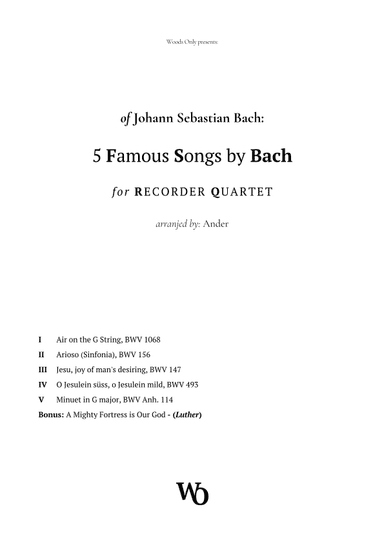 5 Famous Songs by Bach for Recorder Quartet (arr. Ander)