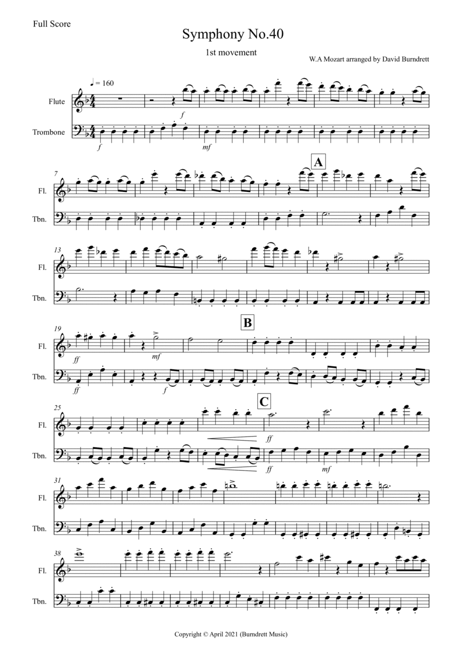 Symphony No.40 (1st movement) for Flute and Trombone Duet (arr. David Burndrett)