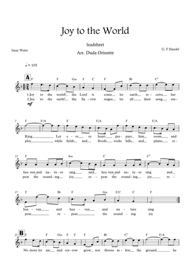 Joy to the World (F major - leadsheet - with lyrics) (arr. Duda Oriontte)